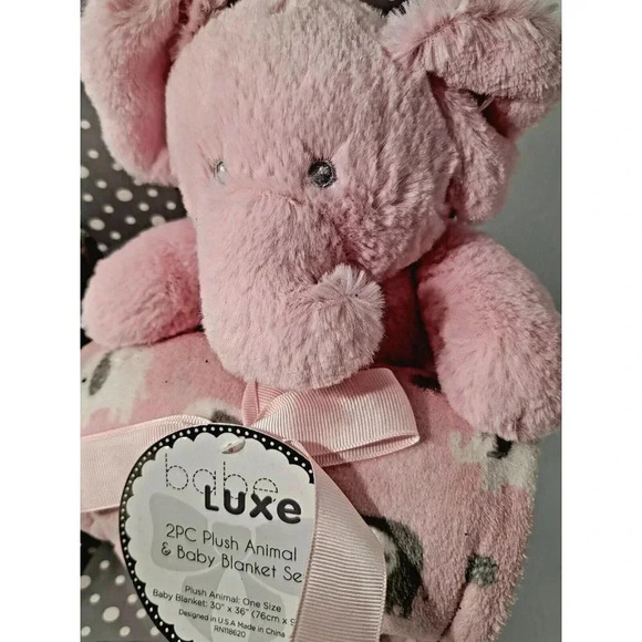 Babe Lux Plush Animal Elephant and Baby Blanket Set Pink and White New - Picture 3 of 6